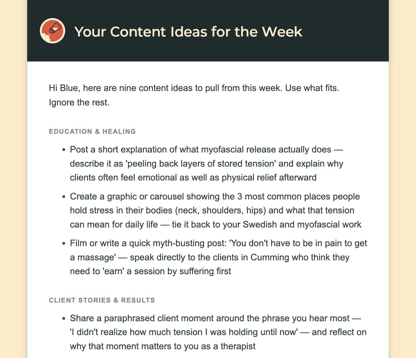 The weekly Salty Carbs email, with content ideas written for one business